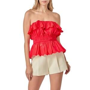 NEW ENGLISH FACTORY embroidered ruffle strapless top in red